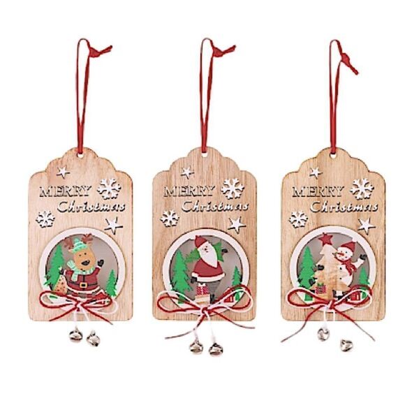 Christmas Tree Wooden Ornaments With Bells Hanging Reindeer Santa And Snowman - Picture 1 of 2